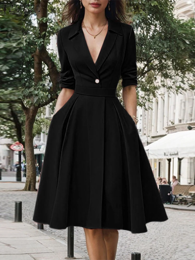 

ZANZEA 2025 Half Sleeve Robes Office Lady Solid Dresses Fashion Blazer Collar Waisted Vestidos Vintage Women Commuting Dress