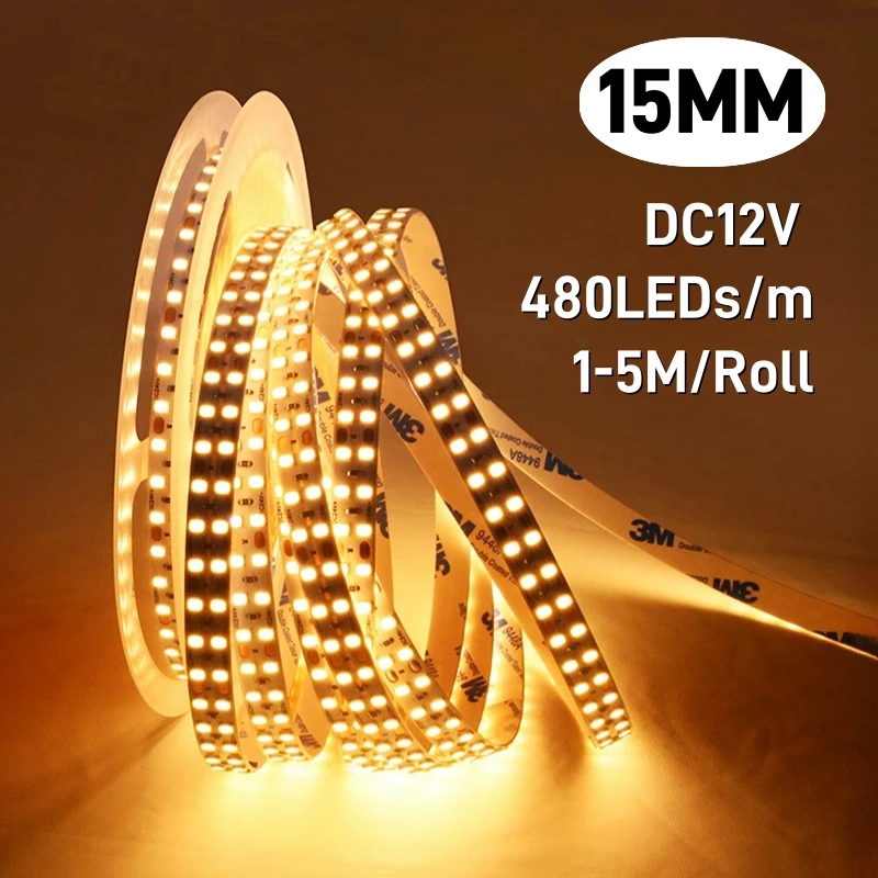 

15mm Super Wide Led Strip Light Double Row High Bright 480Leds SMD2835 Car Room Decoration Line Flexible Ribbon Tape Light DC12V