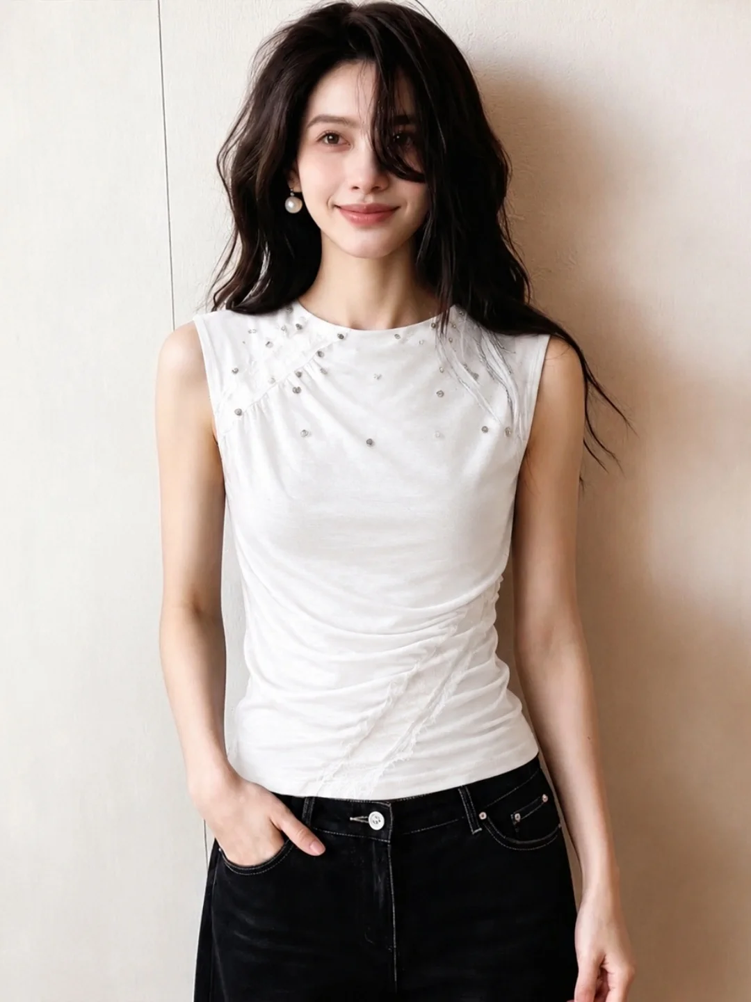 Slim Fit round Neck Vest Korean Style Commute Fashionable Sleeveless Top Women's Summer Clothing Versatile  Color Silk
