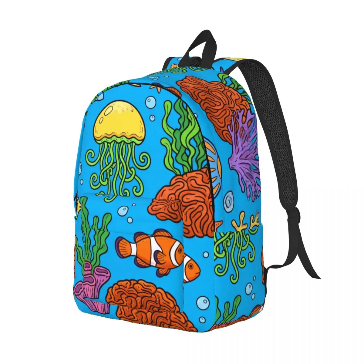 Aesthetic School Backpack Tossed Sea Doodles Whimsical Aquatic Bright Blue Multi Cool Bookbag for Girls Boys College Travel Work