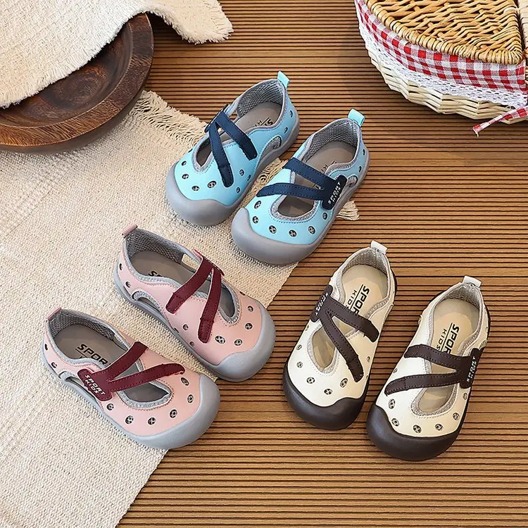 Kids Hollow Cutout Closed Toe Sandals, Cross Two Strap Velcro Design Anti-collision Toe Soft Non-slip Rubber Sole Summer Shoes