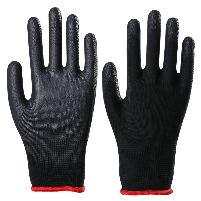 10 pairs Black Pu Gloves Polyester Shell Customized With Pu Coated Palm Safety Work Gloves En388 Pu Coated Gloves