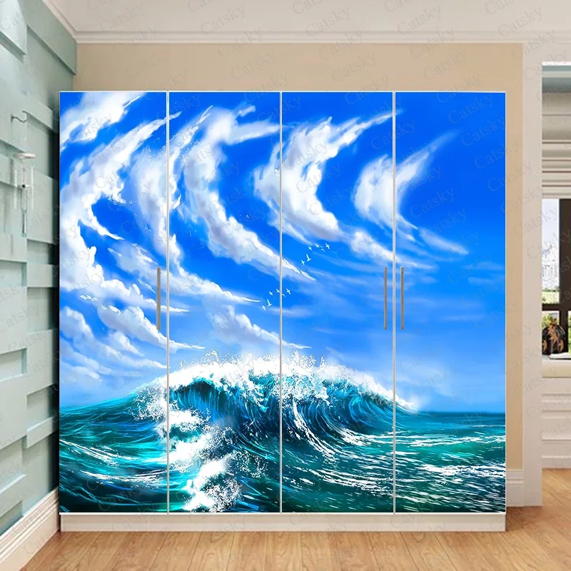 Waves painting wallpaper wardrobe stickers bedroom window refrigerator stickers decorative stickers cabinet custom decals