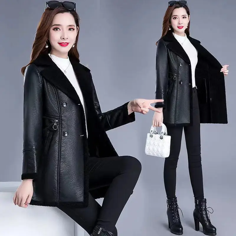 

XL-6XL Women Leather Jacket Autumn Winter Mid-Long Faux Leather Motorcycle Windbreaker Coat Mother Winter Thick Velvet Overcoat