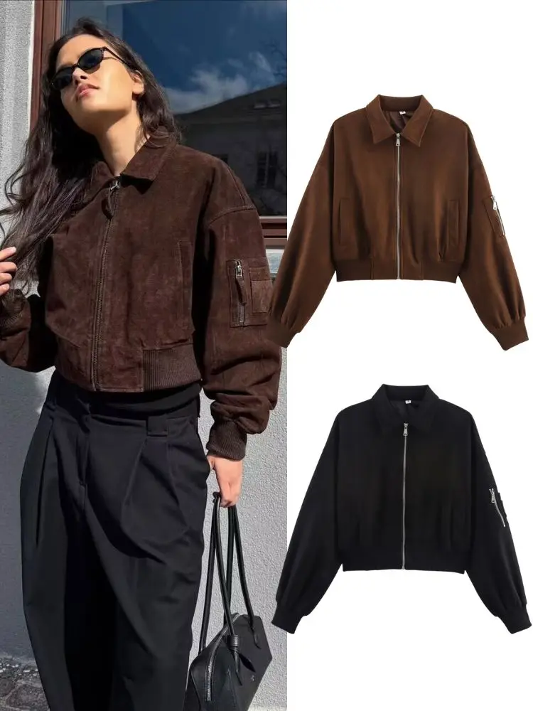 HH 2025 秋物 ソリッドスエード クロップドボンバージャケット レディース ラペル 長袖 ジップポケット ショートコート カジュアル オフィス アウター