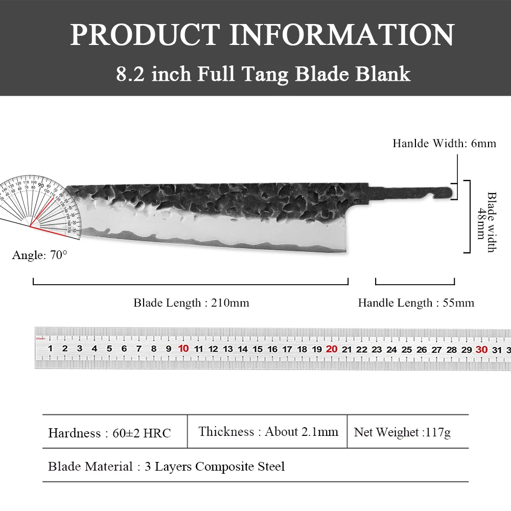 Cucina giapponese in acciaio composito fatto a mano fai-da-te da 8,2 pollici Kiritsuke Coltello da chef Lama vuota Full Tang Bordi ultra affilati Strumenti per la creazione