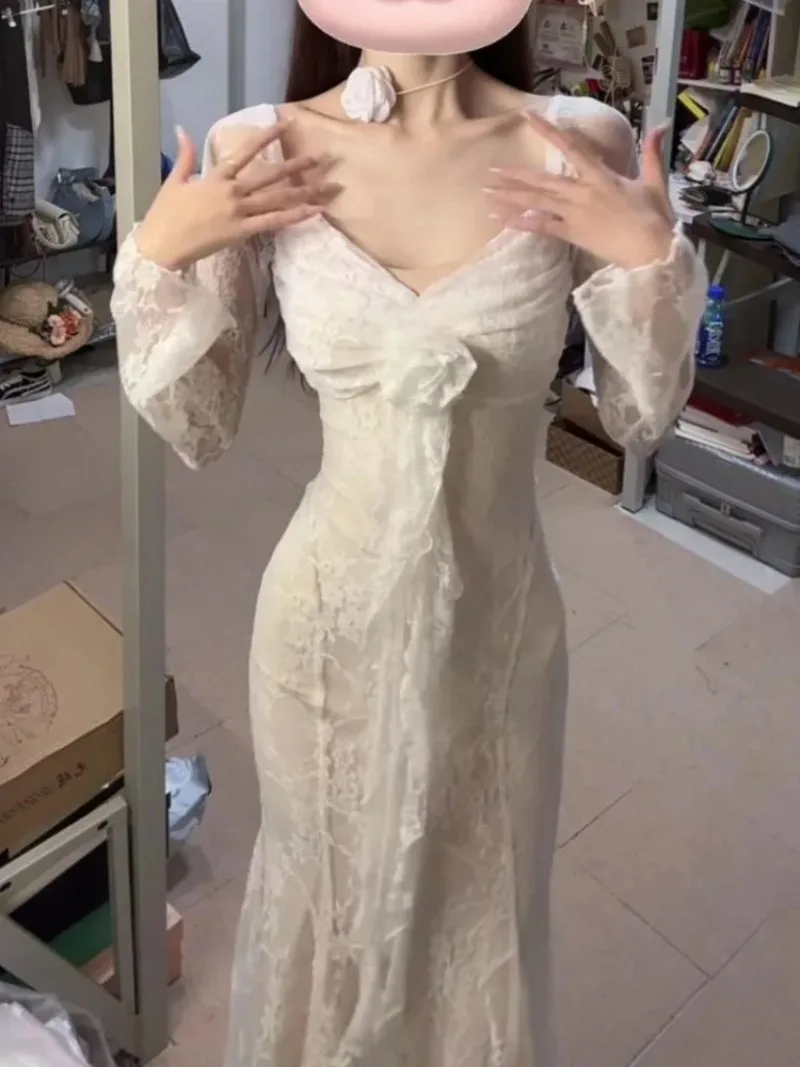 2025 New Summer Rose Ribbon V-neck Dresses Women Fashion Sexy  Lace Slim Fit Bodycon White Dress Women Clothing