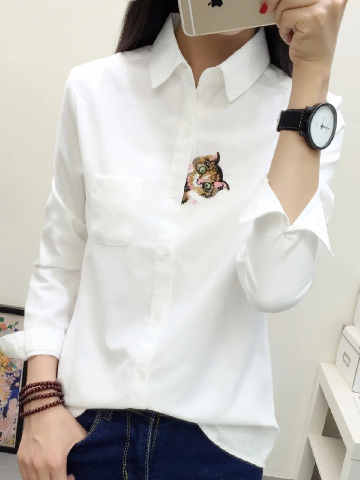 

Embroidered Long Sve Women's irt Spring 2024 Korean Sle Artistic Base Layer White irt for Students Polyester Fabric