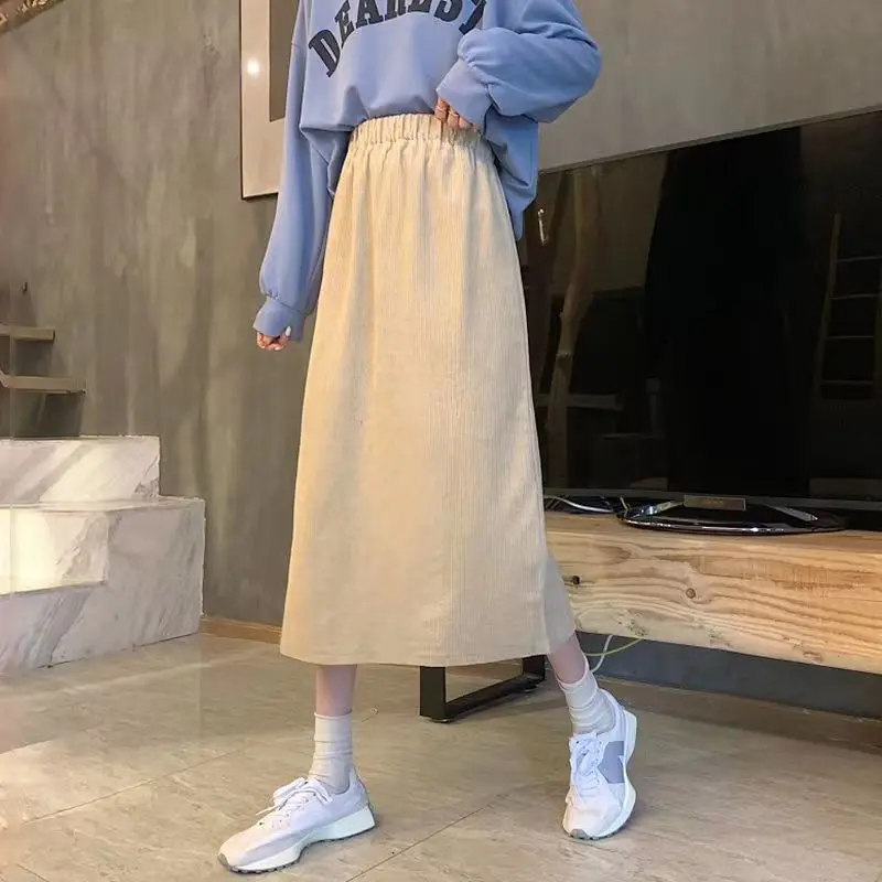 Corduroy Long Skirt Women Autumn High Waist Ruffles Midi Skirts Female Korean Fashion Elegant Elastic Solid A-Line Skirt