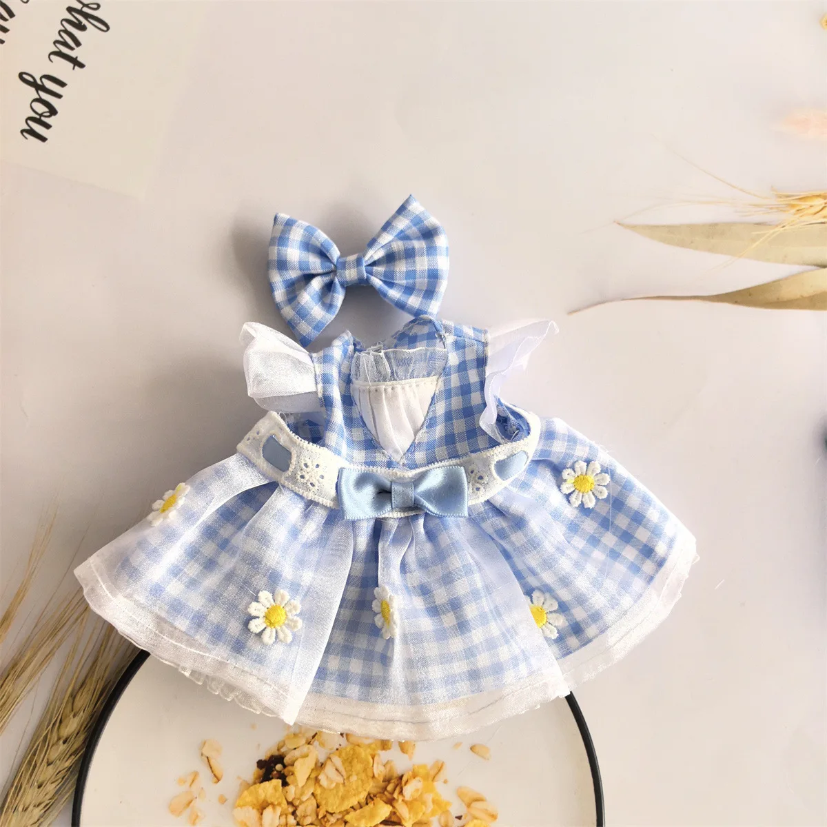 

Одежда для кукол, подходит для куклы Бэби Мелчан 25 см, аксессуары для кукол BJD 1/6, милое розово-голубое платье в клетку с ромашками, подарки для девочек