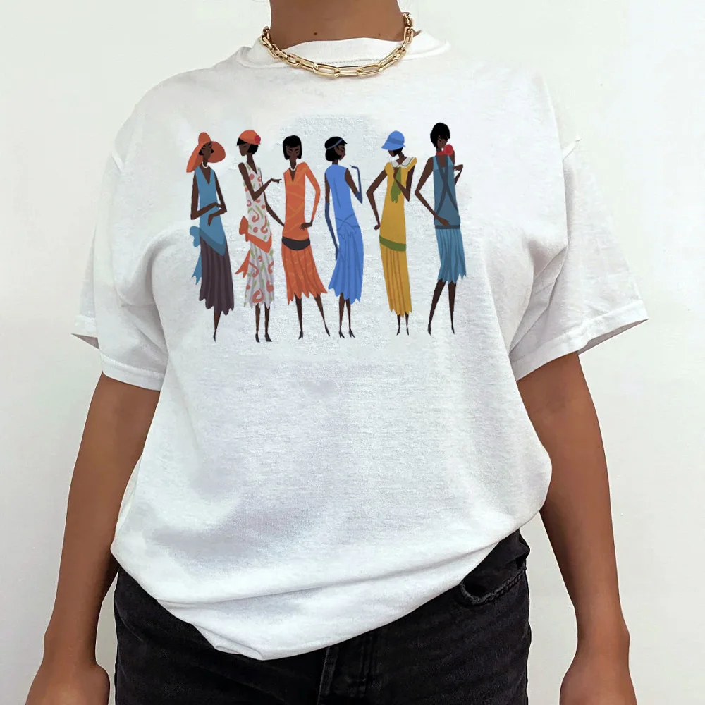 Fashion Illustration 1920s Shirt Women Black History Graphic Tee Short Sleeve 100% Cotton Summer Tops Ins Fashion Casual T Shirt