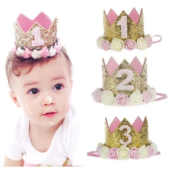 Kids Birthday Decoration 1 2 3 Years Crown Hat Pink White Flower Sequins Crown 1st birthday Photo Prop Happy Birthday Gifts