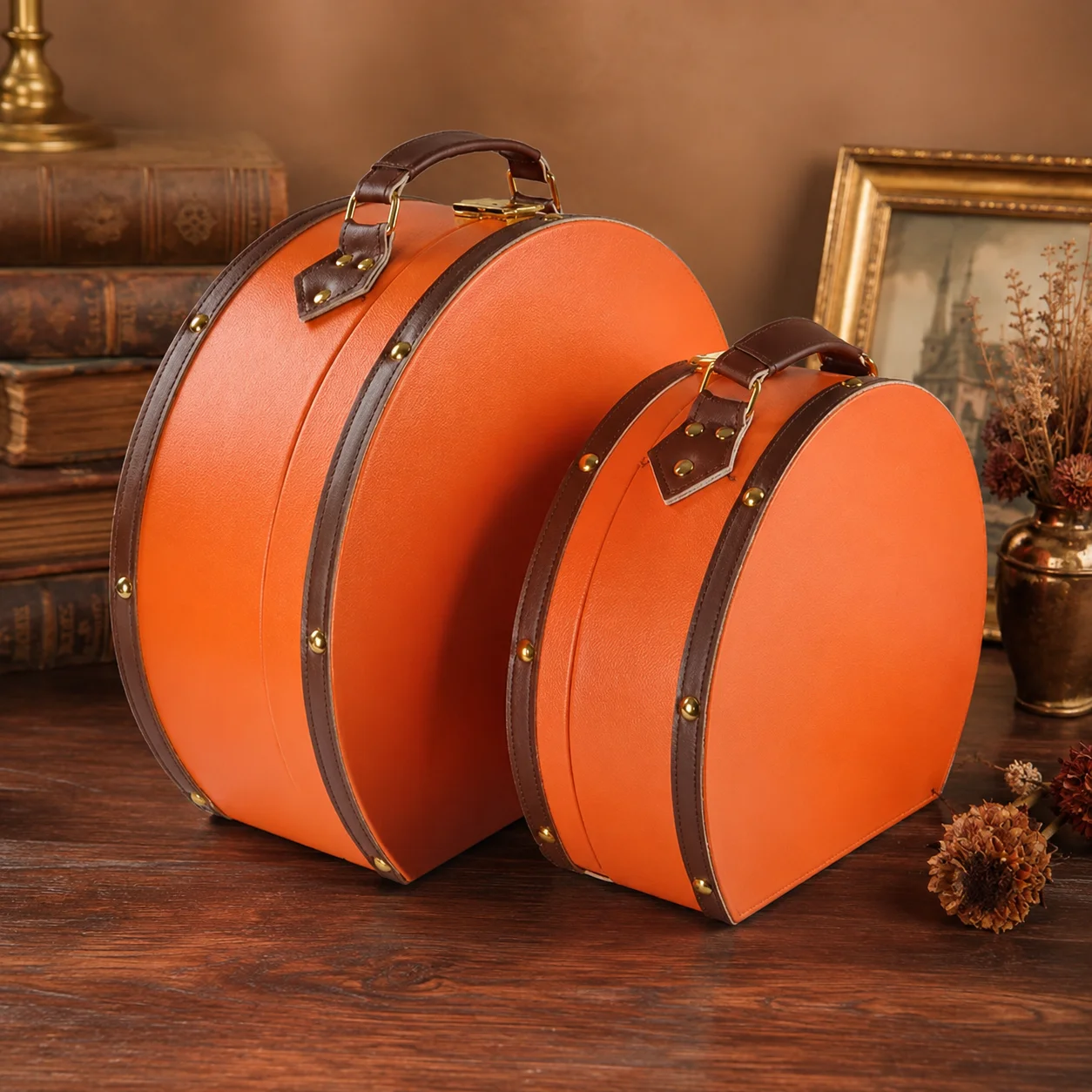 

Retro Orange PU Leather Suitcase Storage Box Vintage Decorative Travel Case Jewelry Keepsake Organizer Home Office Decor