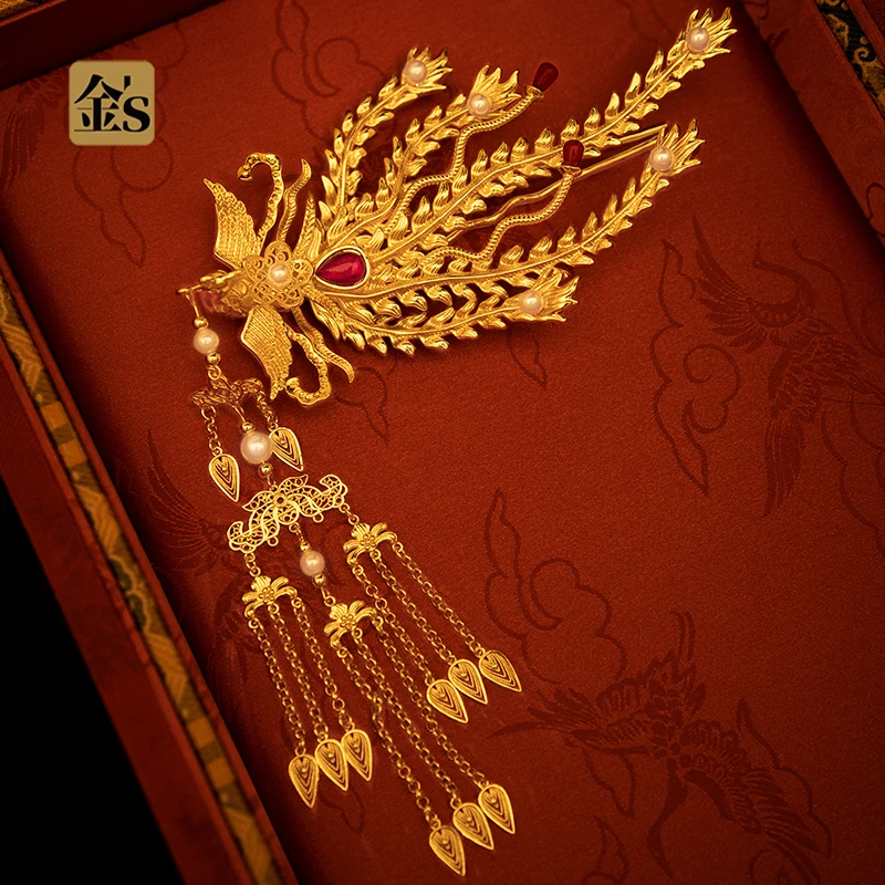 金メッキ-3d-サイドフェニックスロングタッセルヘアピンピックハートフェニックスヘアピンファッショナブルなヘアアクセサリーエレガントな髪飾り