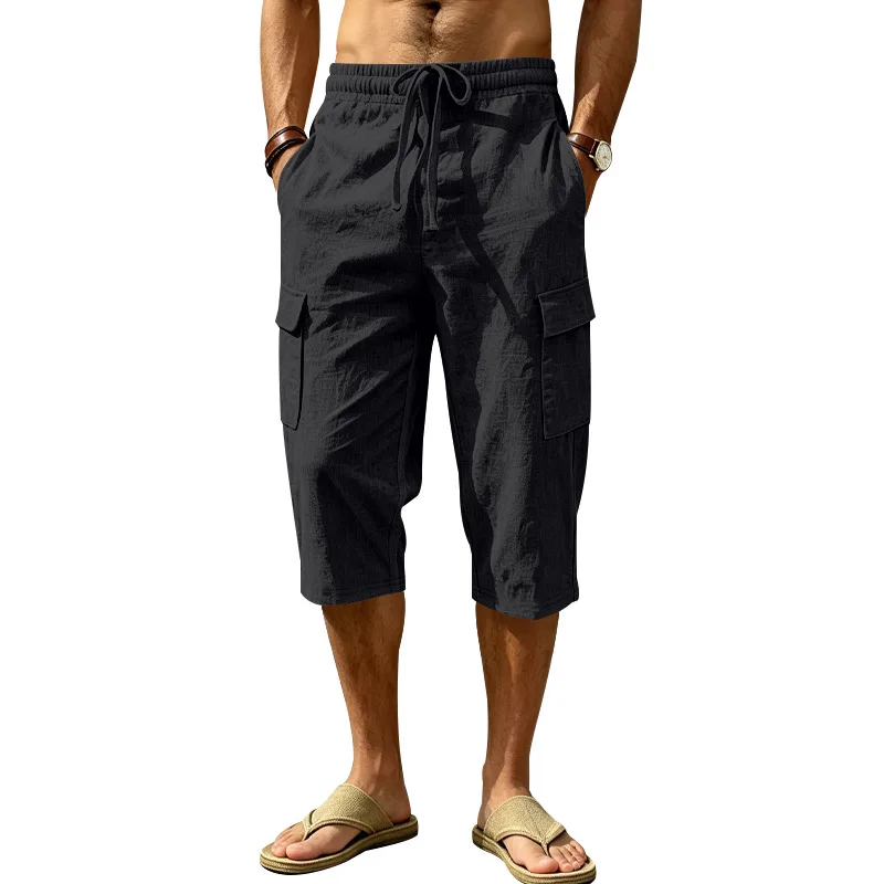 Europäische und amerikanische Sommer-Shorts aus Leinen für Herren, lässig, Outdoor, Arbeitskleidung, Pendler, Sport, Multi-Pocket, 7/8-Länge – Detail 13