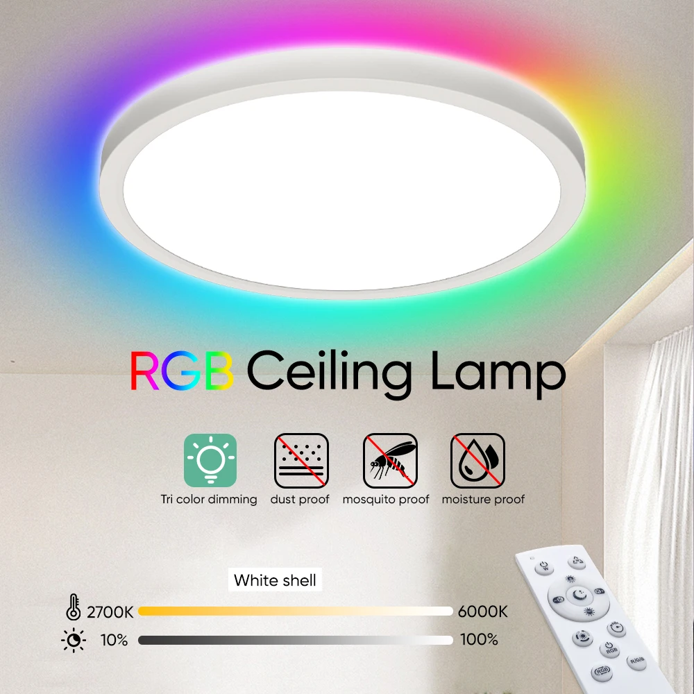 

220 В светодиодный потолочный светильник RGB 3000K-6500K круглый потолочный светильник с регулируемой яркостью и дистанционным управлением для гостиной, спальни 24 Вт 2700LM