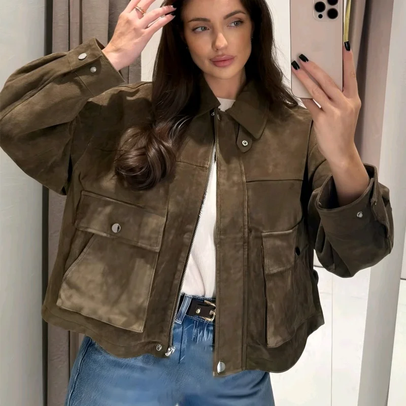 شتاء جديد المرأة ريترو Sle طويل Sve التلبيب الطيار Jaet ملابس خارجية جلد الغزال فضفاضة تناسب منتظم رقيقة البوليستر F...