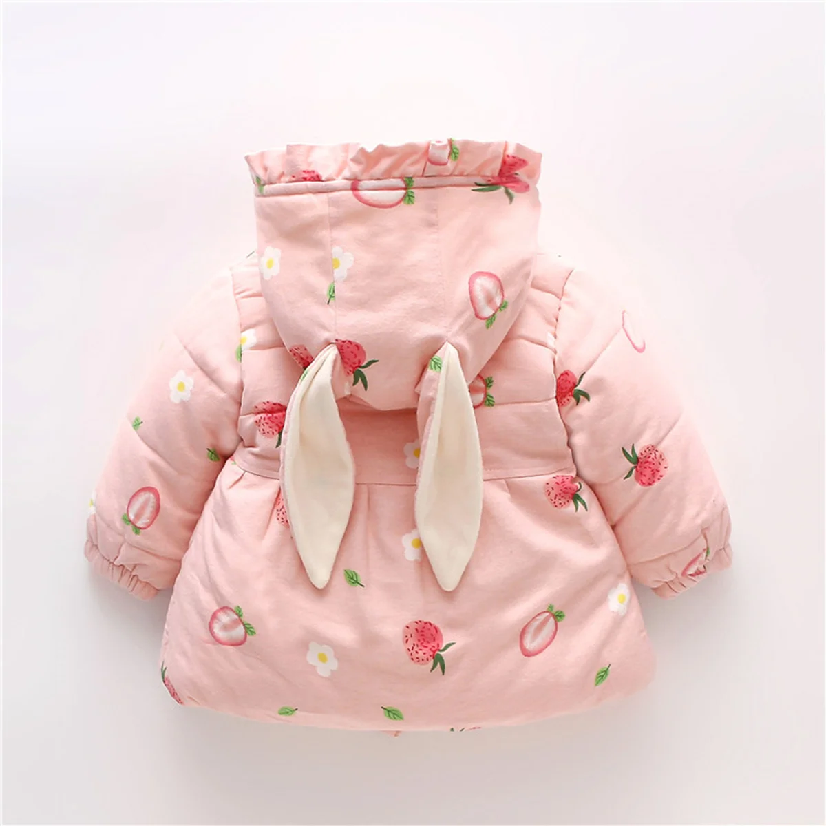 Winter Girls\' Cotton Coat Strawberry Bow Heart Pocket Rabbit Ear Button Hooded Cotton Thickened Sweet Coat