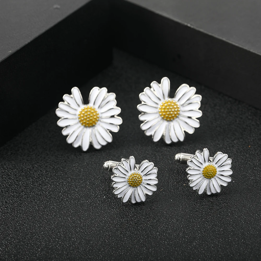 Classic Plant Little Daisy Lucky Clover Shaped Mens Cufflinks Golden And Silvery Cross Design Sleeve Button