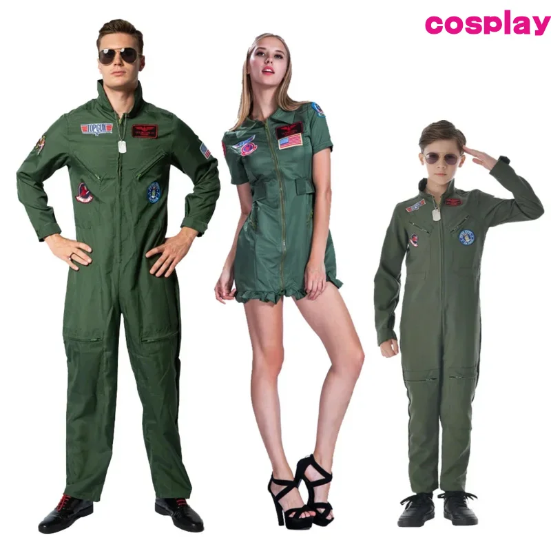 Crianças adultos top gun filme cosplay uniforme da força aérea americana trajes de halloween das mulheres dos homens do exército verde militar piloto macacão c