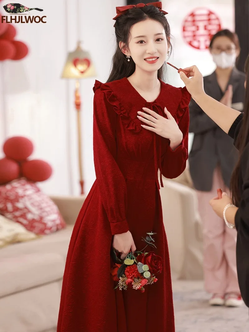 New Year Christmas Chic Elegant Annual Meeting Red Dress Women Peter Pan Collar French Design Bow Tie Long Dresses Vestidos
