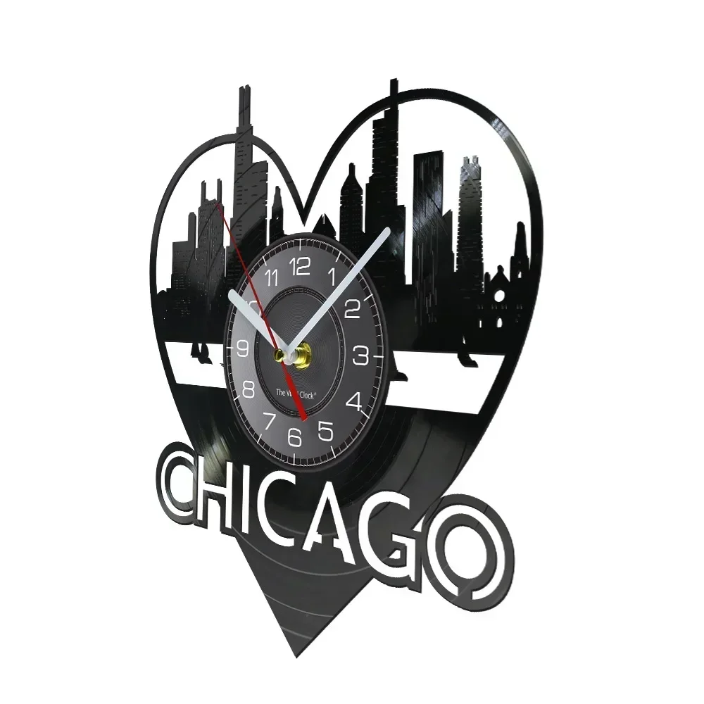 Chicago City Architecture Wall Art Wall Clock Home Decor Chicago Skyline Cityscape Vinyl Record Wall Clock USA Travel Souvenir