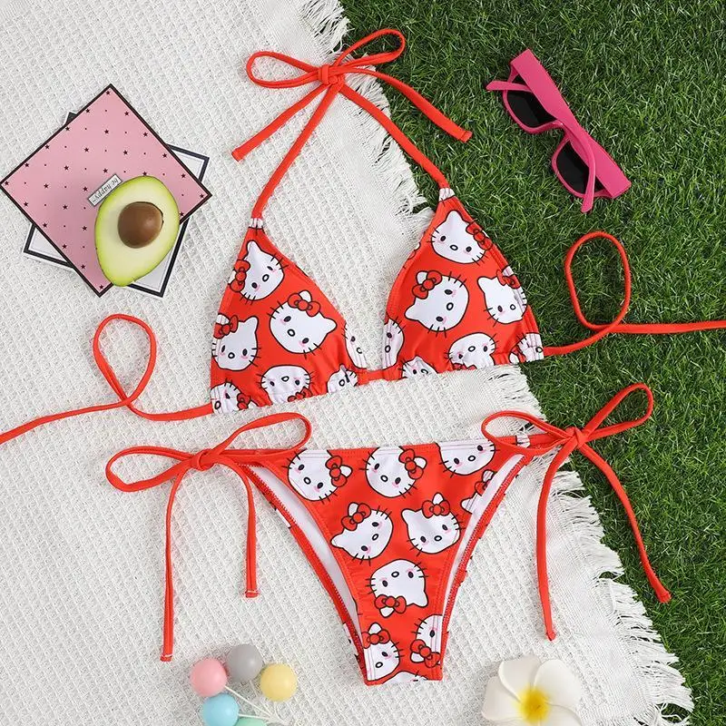 Hot Sanrio Sexy Bikini Kawaii Hello Kitty Cartoon Cute Breathable Quick Drying Halter Neck Chain Swimsuit Fashion Underwear Set