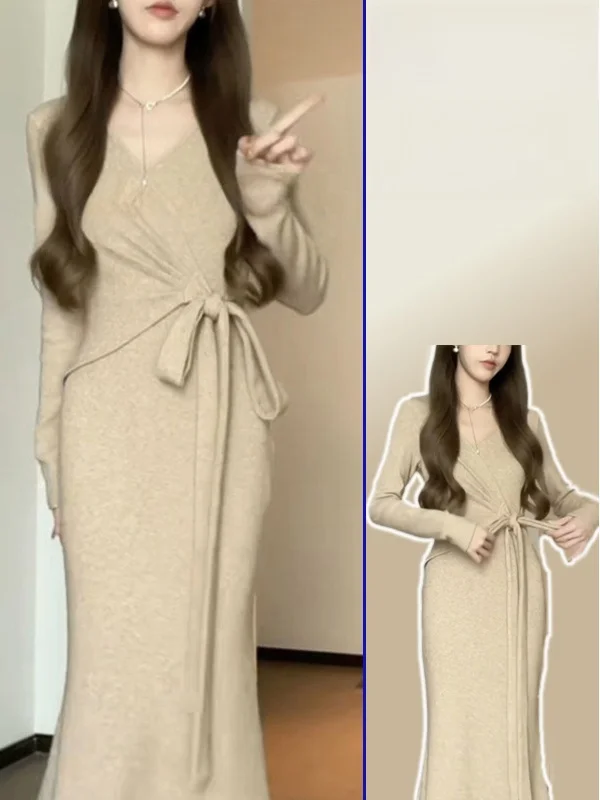 

plus Size Spring Ele V-Ne Belted Fi Tail Skirt Women's Soft Cozy Sweater Loose Fit High Waist Long Sve Casual Wear