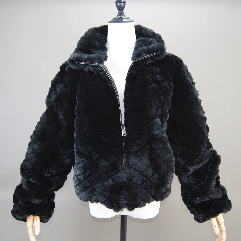 2024 Black Fashion Short Real Rex Rabbit Fur Jacket with Lapel Collar Woman Winter New Genuine Rex Rabbit Fur Coat Outwear