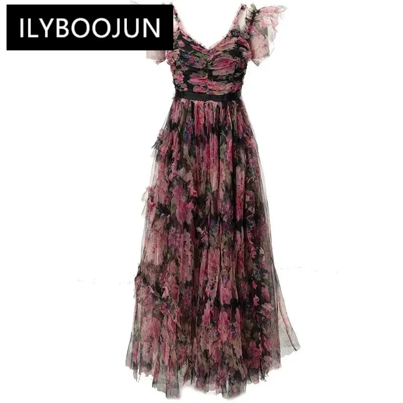 

ILYBOOJUN Fashion Designer spring Summer Women's Sweetheart Neck Flounced Edge Lace Camisole Backless Printed Dresses