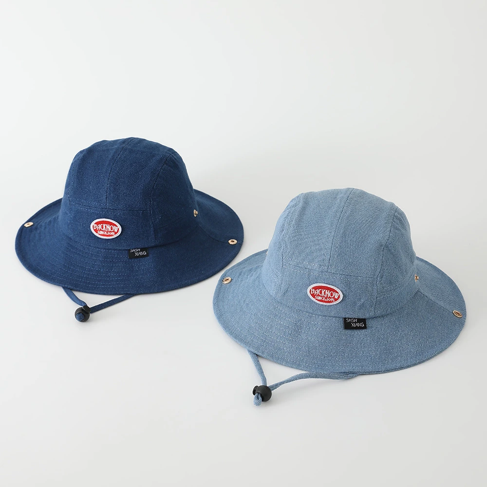 New Embroidered Letter Cotton Autumn Denim Bucket Hat Cap For Baby Cute Fisherman Hat Travel Sunshade