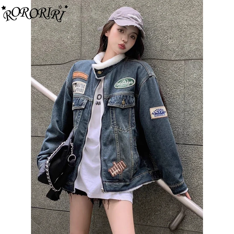 

RORORIRI Vintage Wash Do Old Denim Jacket Women Stitch Label Long Sleeves Fleece Lined Oversize Coat Warm Thick Moto Streetwear