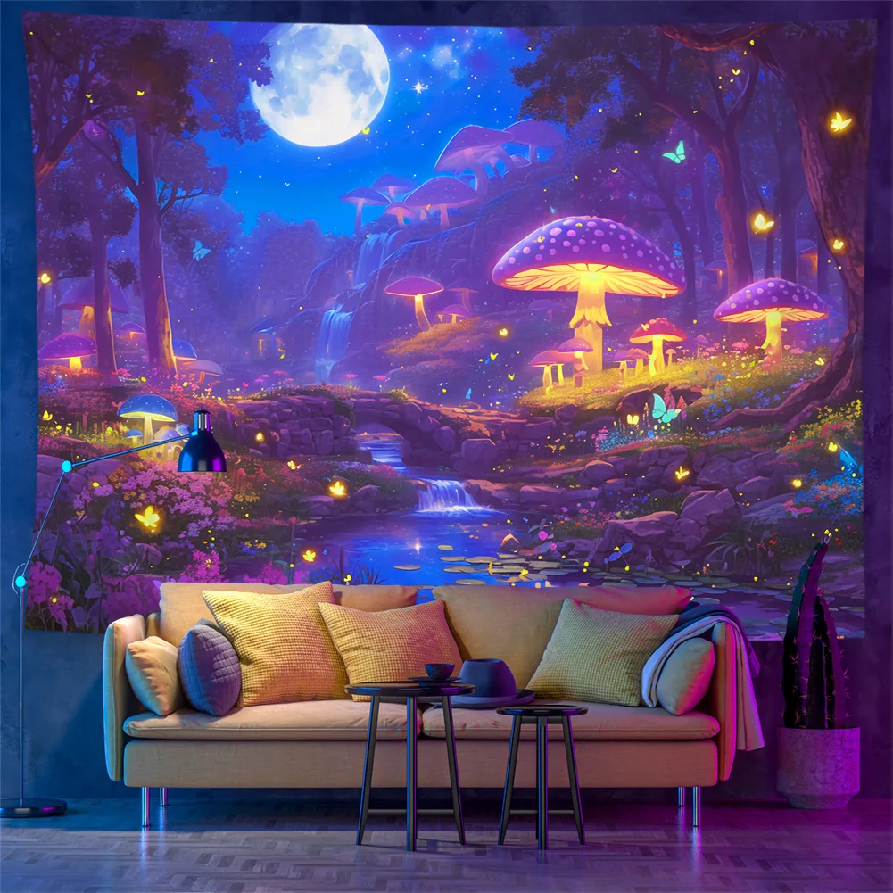 VIKAMA Mushroom Stream Firefly Forest Tapestry Dreamy Forest-Themed Bedroom And Living Room Background Fabric Home Decoration