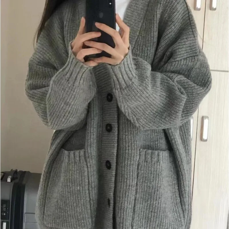 Japanese Mid-length Sweater Coat Women's Autumn and Winter Solid Color Lazy Retro Milk Wear Soft Waxy Knitted Cardigan