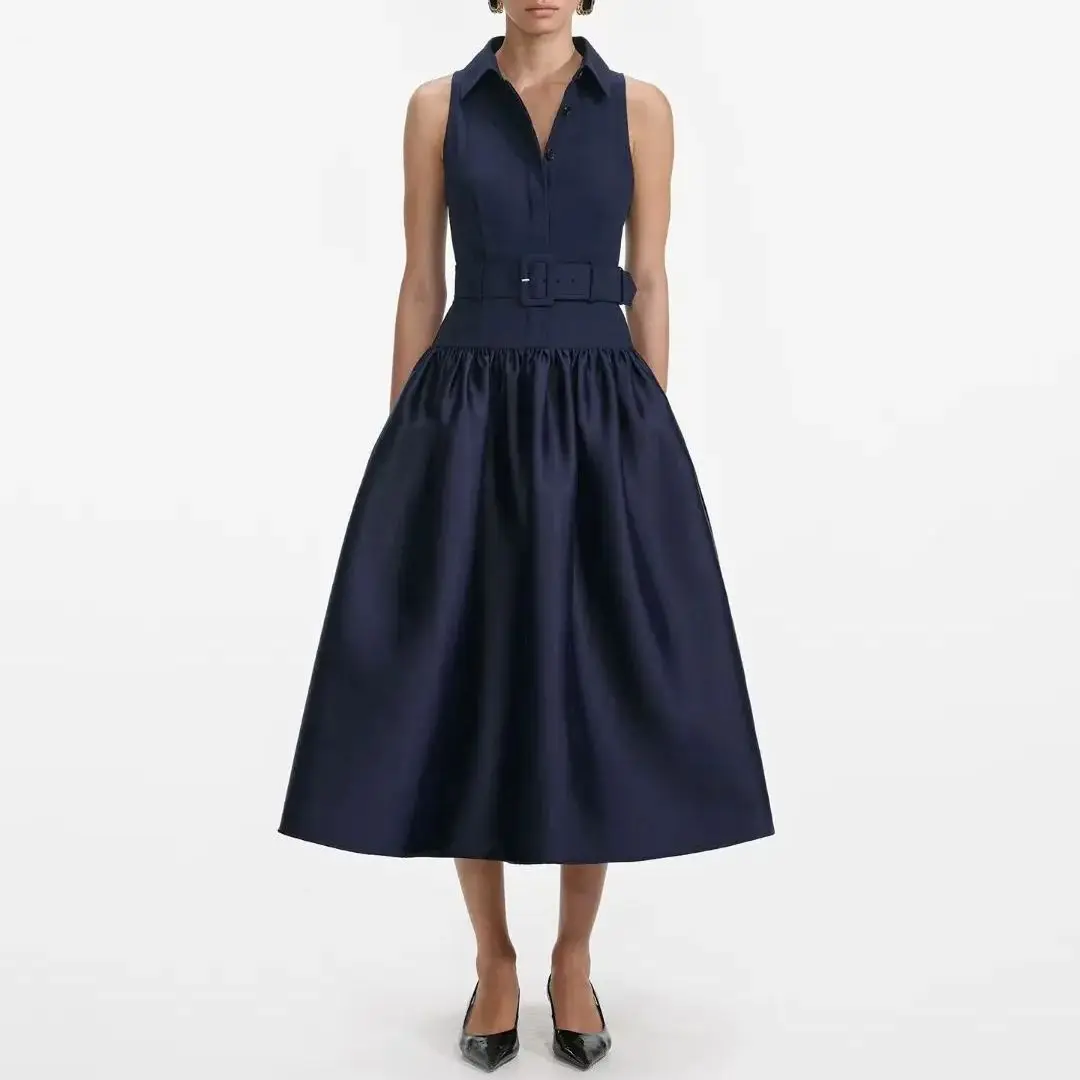 فستان نسائي ميدي بدون أكمام موضة فستان سيدة OL عالي الخصر #1