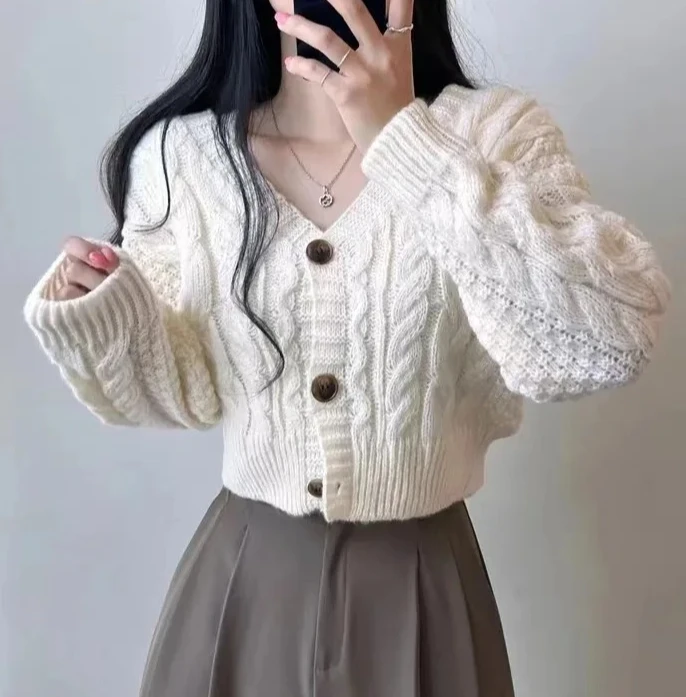 

Весенне-осенний вязаный открытый кардиган для похудения, женский свитер свободного покроя, чистый цвет