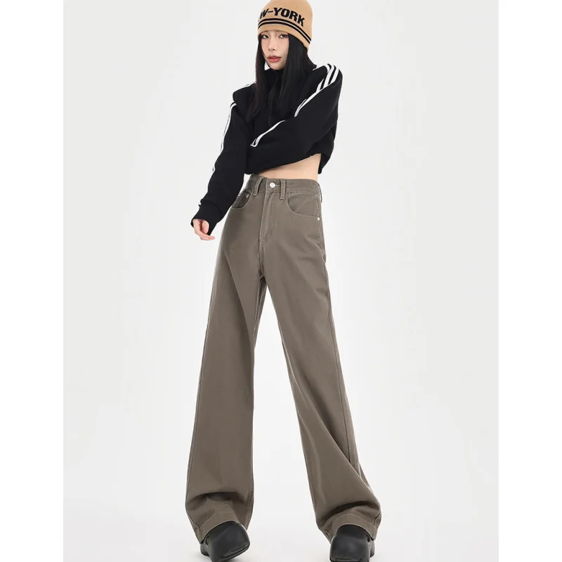 Y2K Women Brown Jeans Solid 2024 Streetwear High Waist American Wide Leg Pants Fashion Vintage Female Autumn Straight Trousers