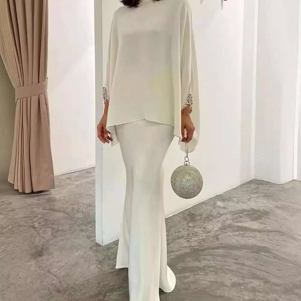 

2025 Elegant Beaded Round Neck Solid Color Satin Two-piece Skirt Suit Women's Loose Sleeve Top Slim Fit Fashionable Skirt Suit