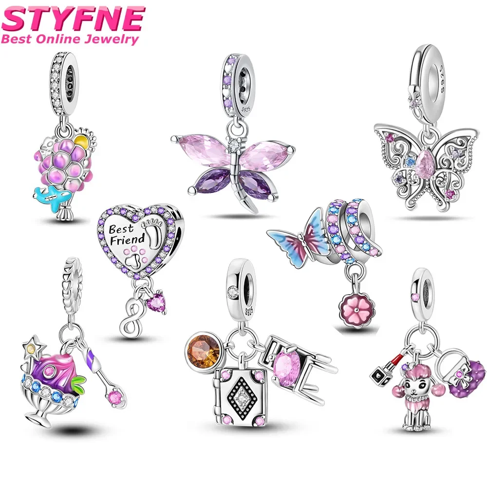 925 Sterling Silver Dangle Charm para mulheres, roxo, borboleta, flor, coração, miçangas, ajuste, pulseiras, pingentes, jóias finas, romântico, menina