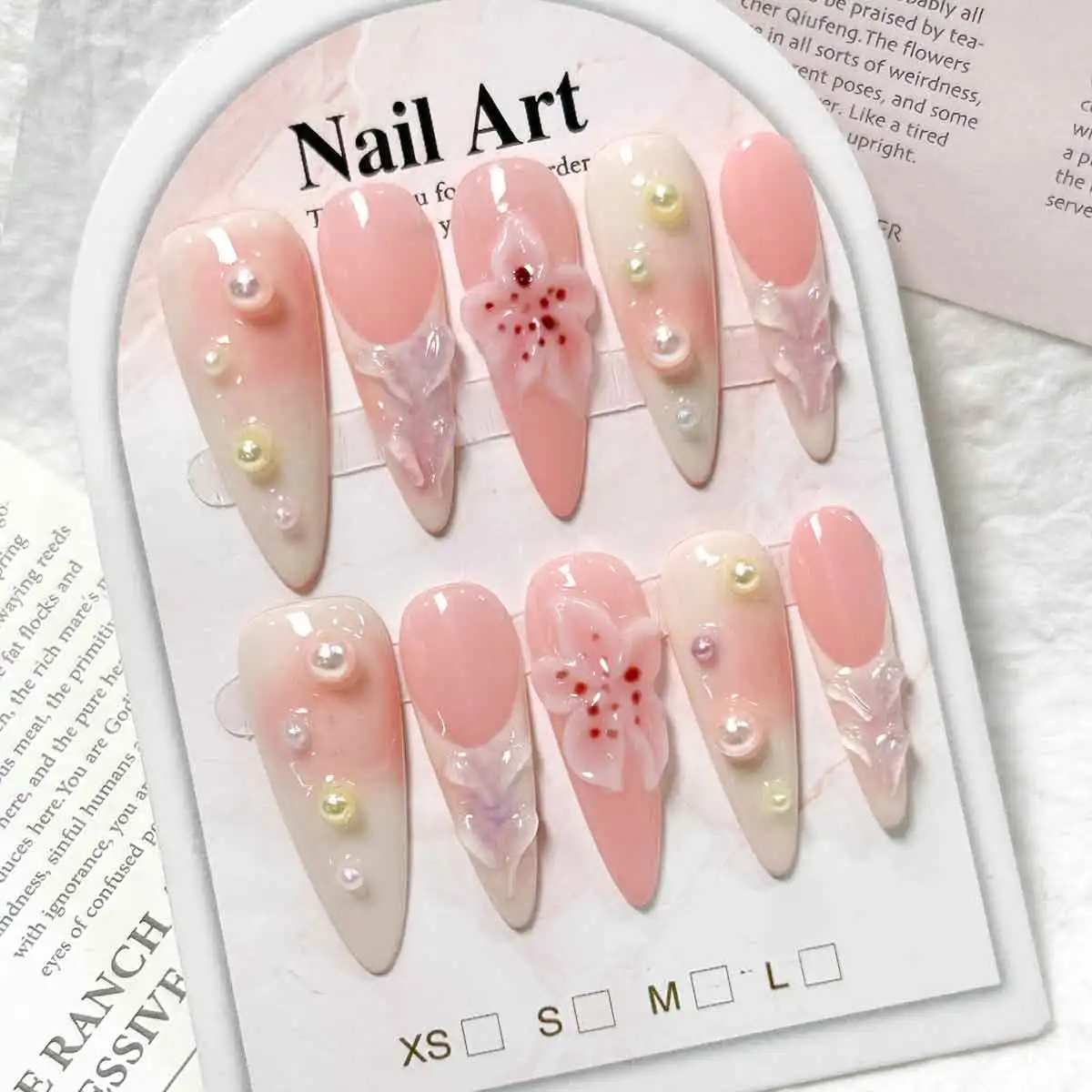 10pcs/Set Handmade Long Thin High-heeled Finger Nails ，Three-dimensional Carved Flower Design Pearl Decoration，Y2K Nails