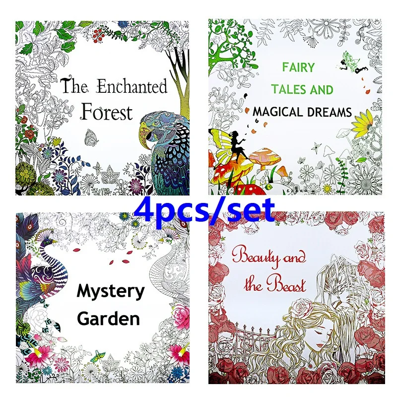 

4PCS/Set Secret Garden Coloring Book for Adults Adult Stress Relief Coloring Painting Hand Drawn Student Doodle Book