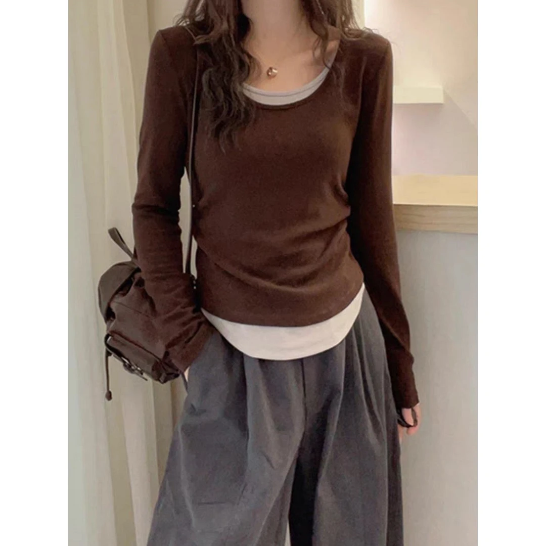 plus Size Slimming Long Sleeve T-Shirt Women's Casual Style High Waist Shoulder Top Color Block Design Autumn Fashion for Girls