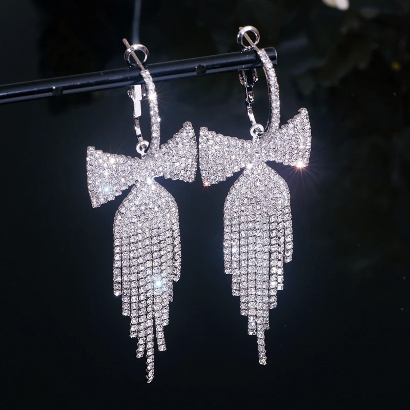 Korean Sweet Rhinestone Bowknot Drop Earrings for Women Fashion Temperament Long Tassel Earrings Jewelry Wedding Party Gifts