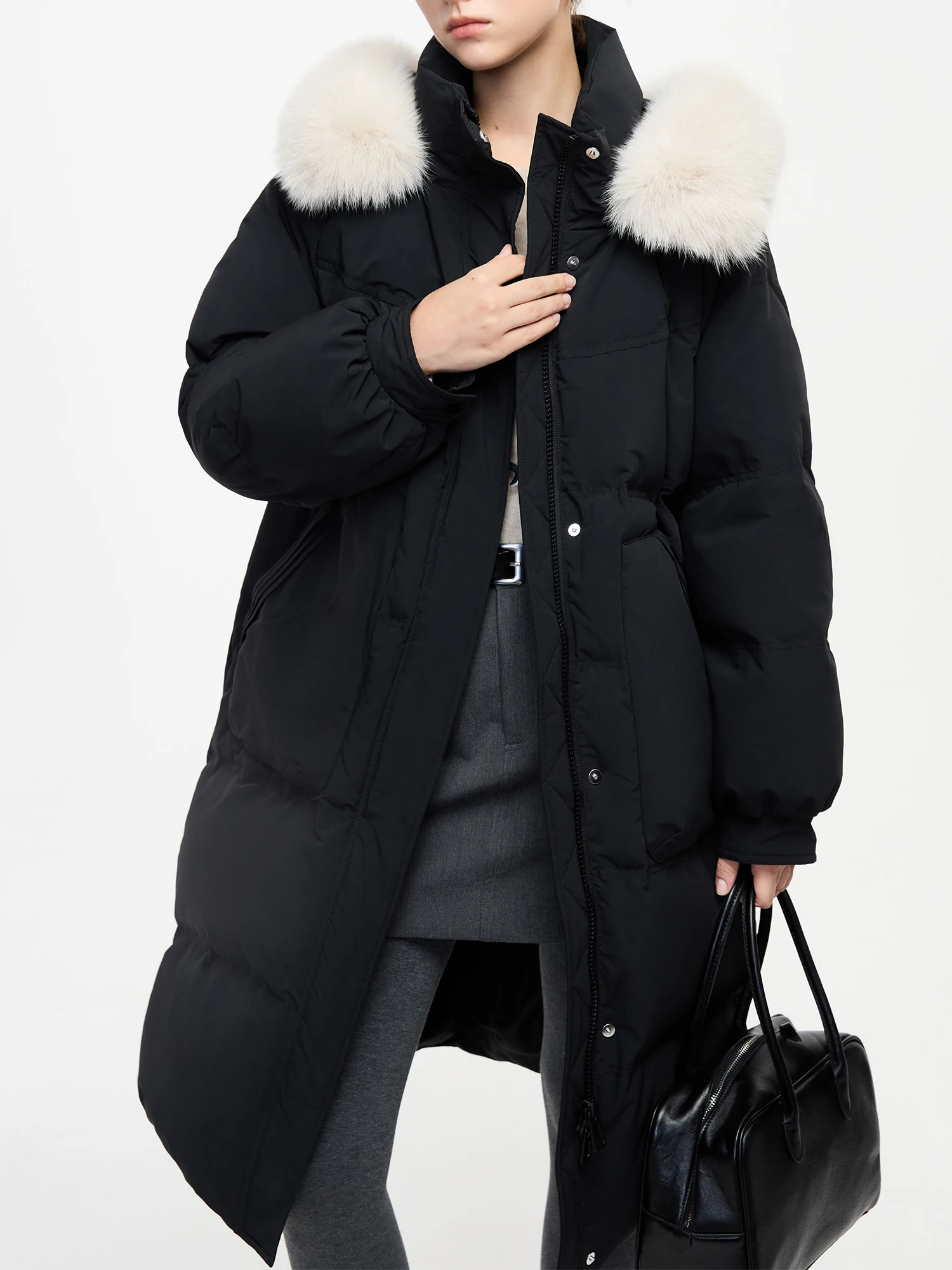 

ZIQIAO【2 Colors】Women Fox Fur Collar Down Jacket Winter Long Black All-Match Down Coats Pink Gentle Style Winter Coat 24ZQ94056