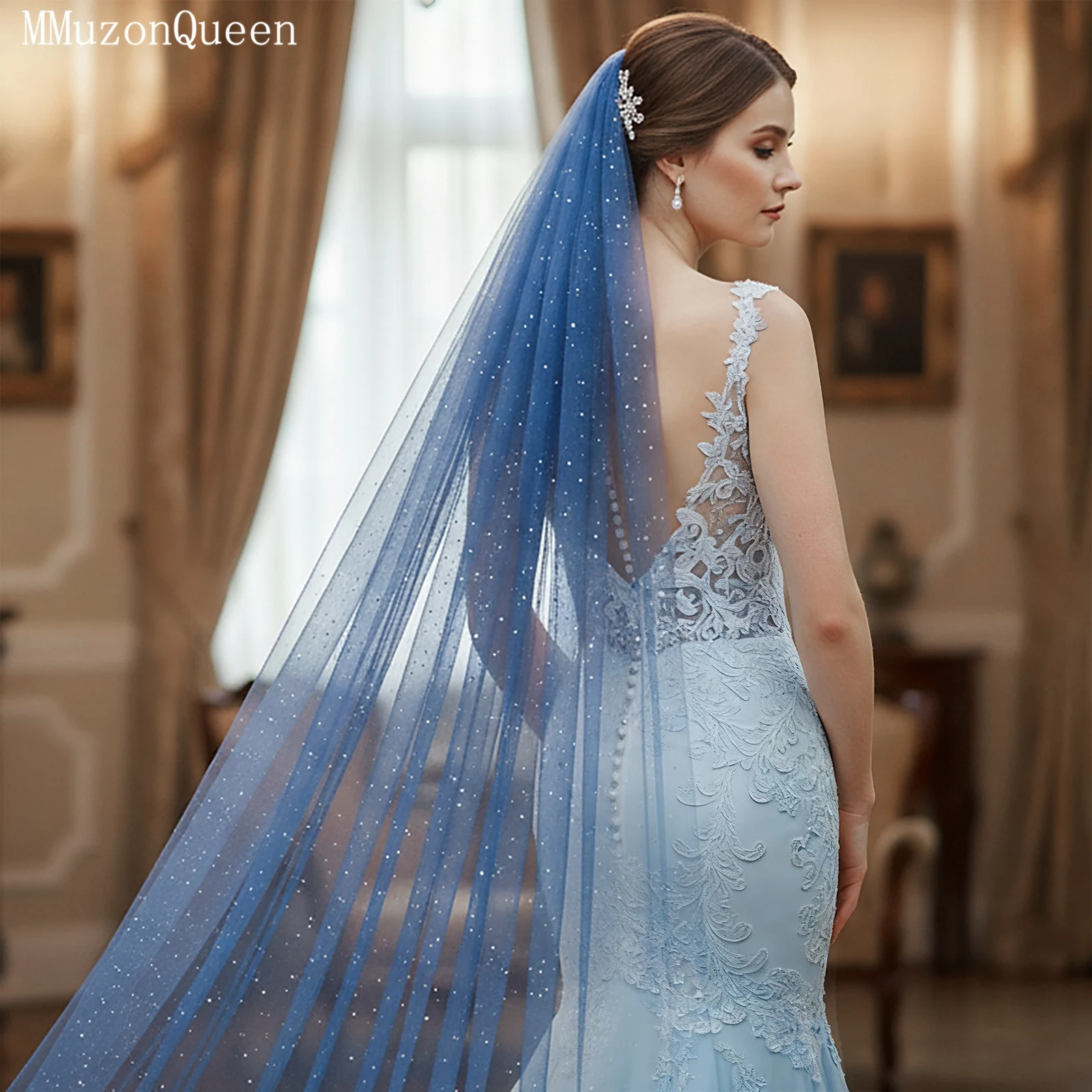 

TOPQUEEN блестящая элегантная свадебная фата 3 метра 1 слой церковные струящиеся свадебные аксессуары фиолетовый синий настраиваемый V268