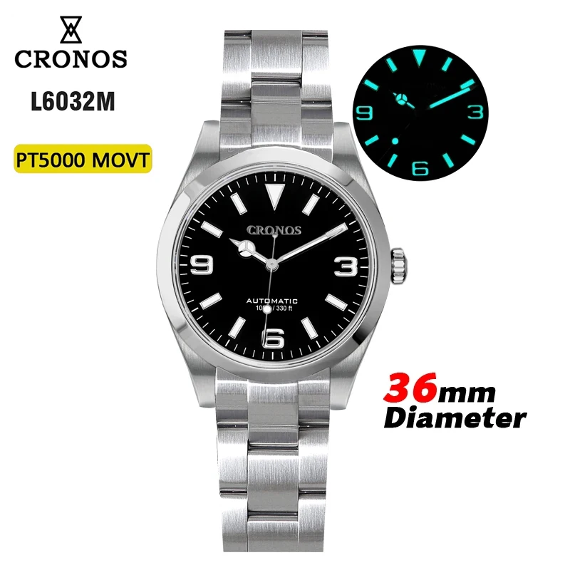 

Cronos Mechanical Men Watch PT5000 Automatic 316L Steel Sapphire Glass Bushed Bracelet Luminous 10ATM L6032M 36mm Luxury Watch