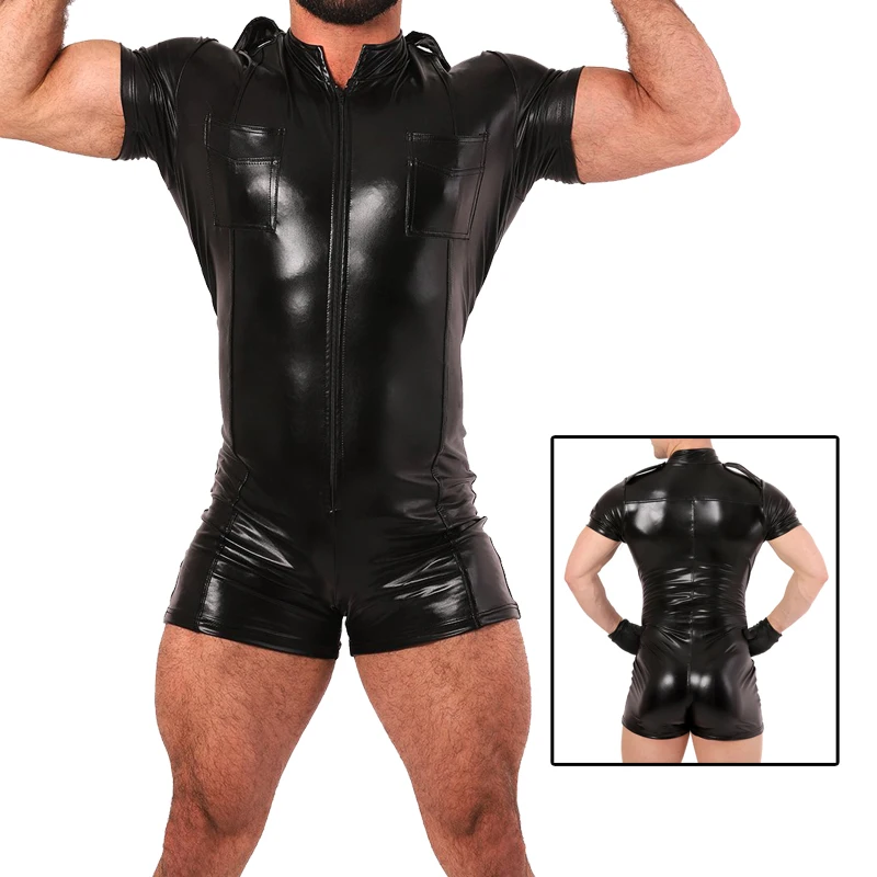 Camisas de cuero eróticas para hombres, Wetlook fetiche, uniforme de policía de piel sintética, disfraces Sexy, traje Zentai de Orgullo Gay, body