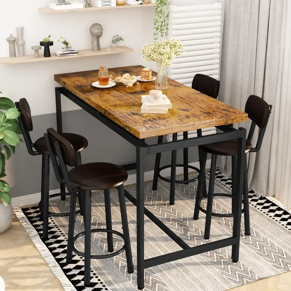 Dining Table Set for 4 Bar Kitchen Table and Chairs for 4, Counter Height Dinner Table with 4 PU Leather Upholstered