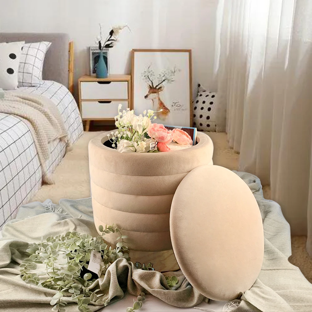 Modern Nordic-Style Small Round Ottoman Stools Velvet for the Living Room