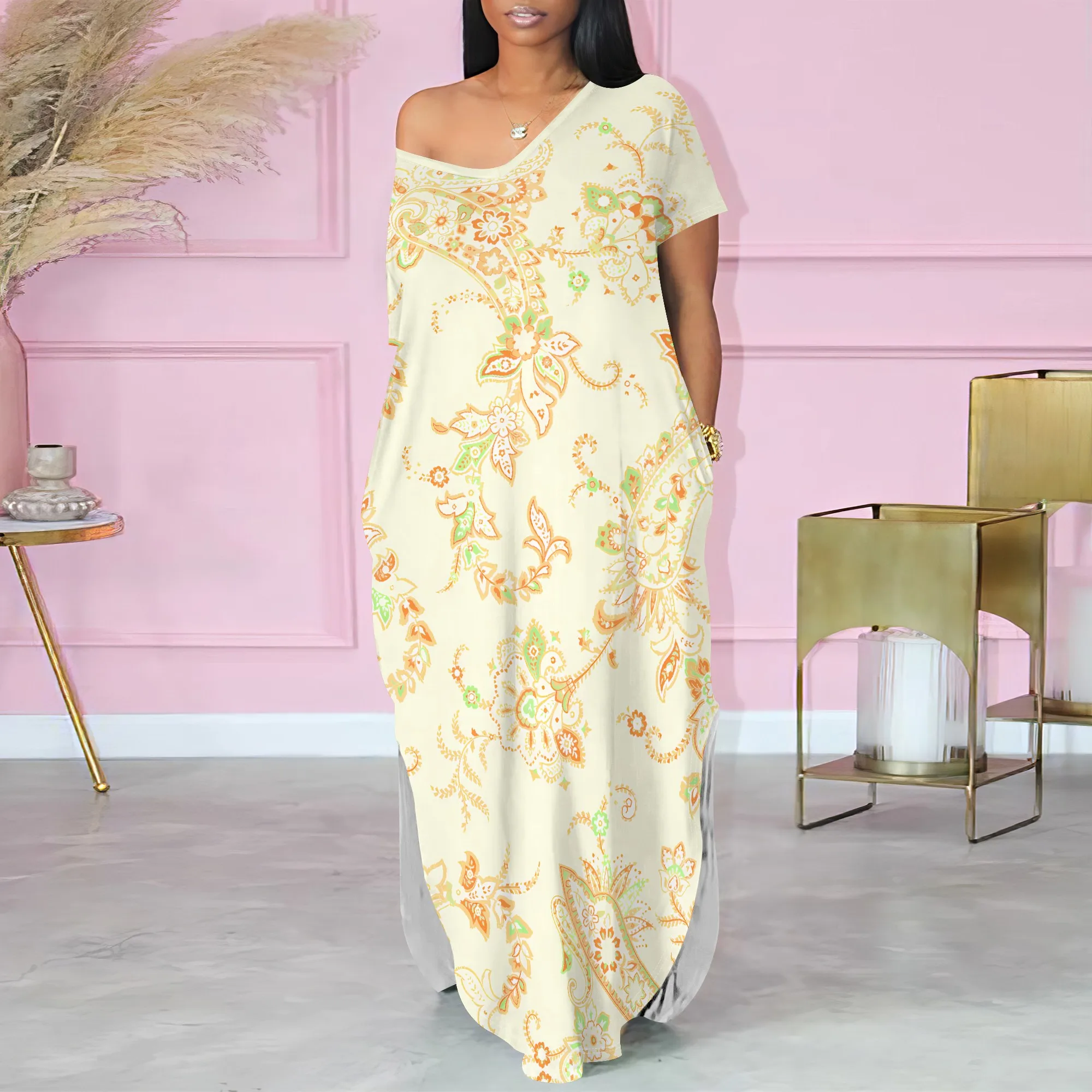 

Red Leaf Feather Print Dress Women Off Shoulder Loose Summer Maxi Dress Vacation Casual Beach Style